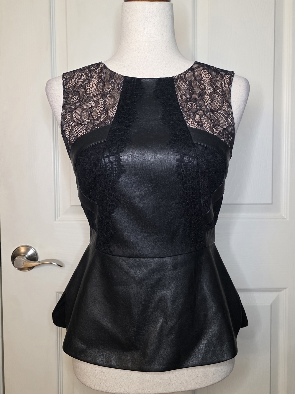 BCBGMAXAZRIA Black Faux Leather Lace Sleeveless Peplum Top